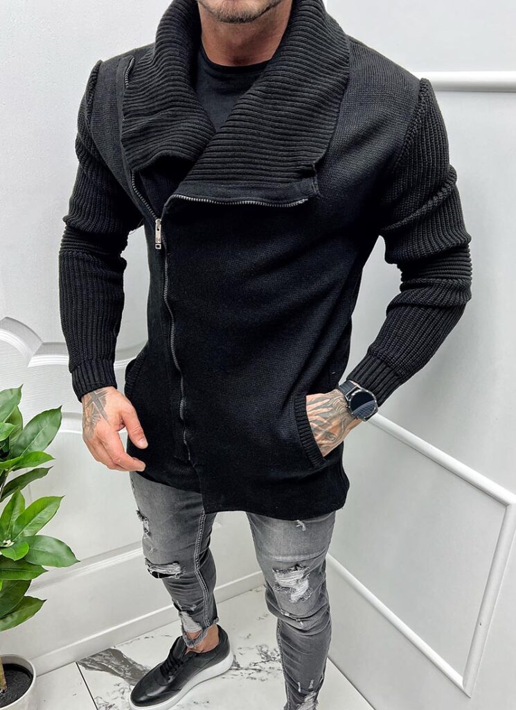 Cardigan tricotat neagru cu închidere laterală J3824