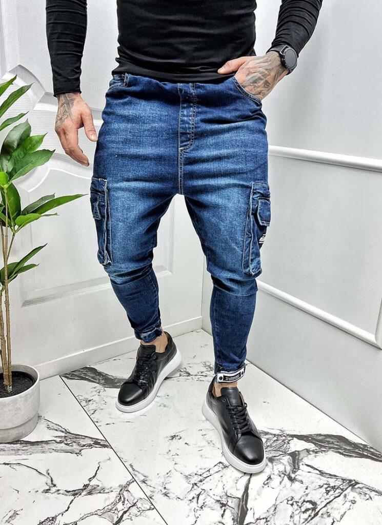 Blugi albastri cu cargo buzunare A3564-1