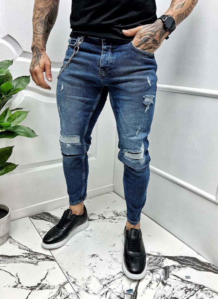 Blugi albastru denim efect rupt A7435