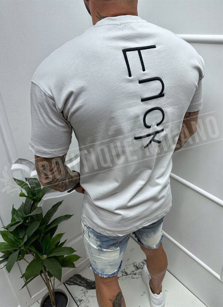Tricou barbatesc gri cu text brodat