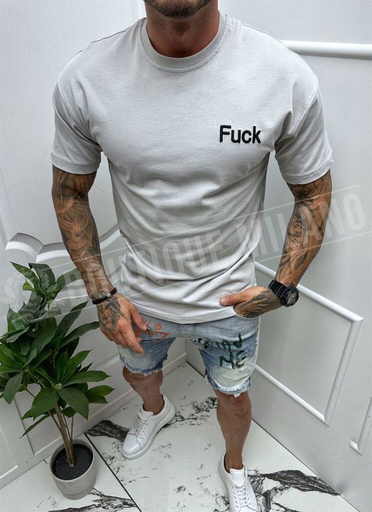 Tricou barbatesc gri cu text brodat