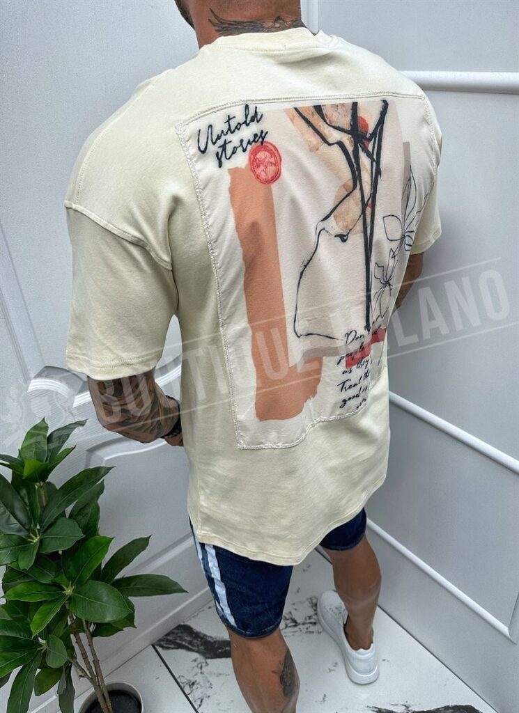 Tricou barbati maro deschis cu imprimeu pe spate