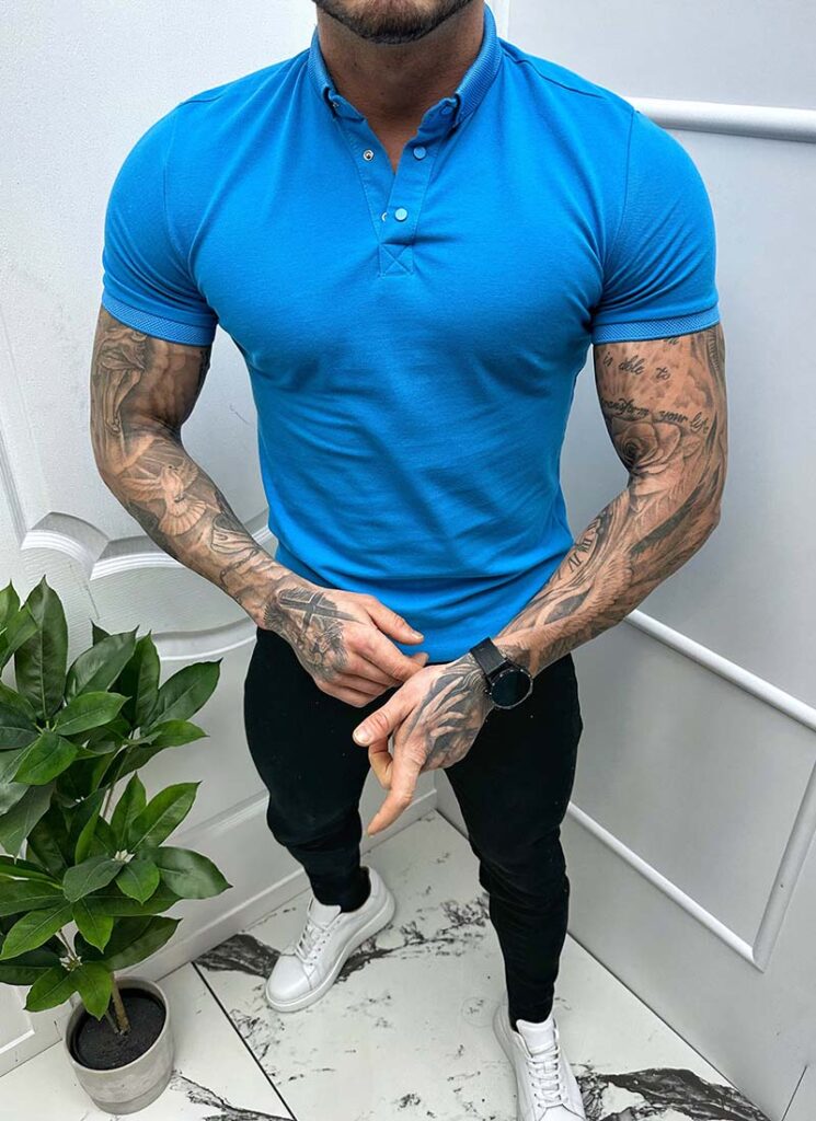 Tricou barbati albastru cu guler