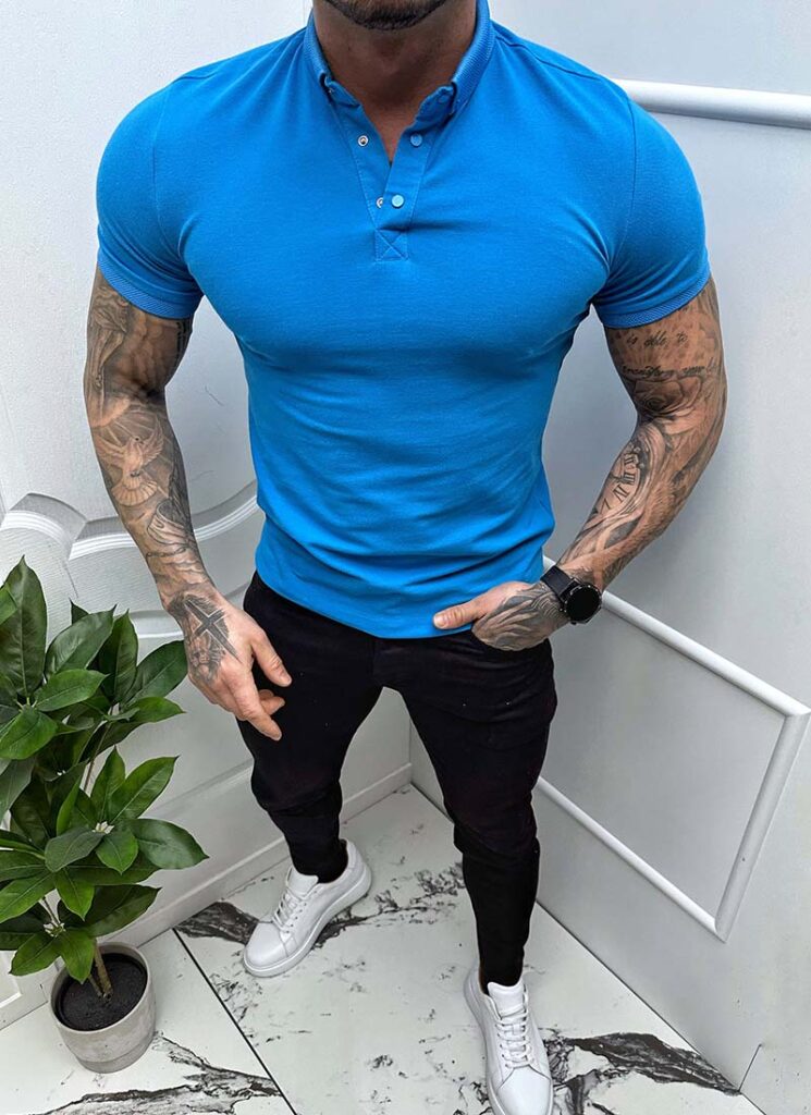 Tricou barbati albastru cu guler