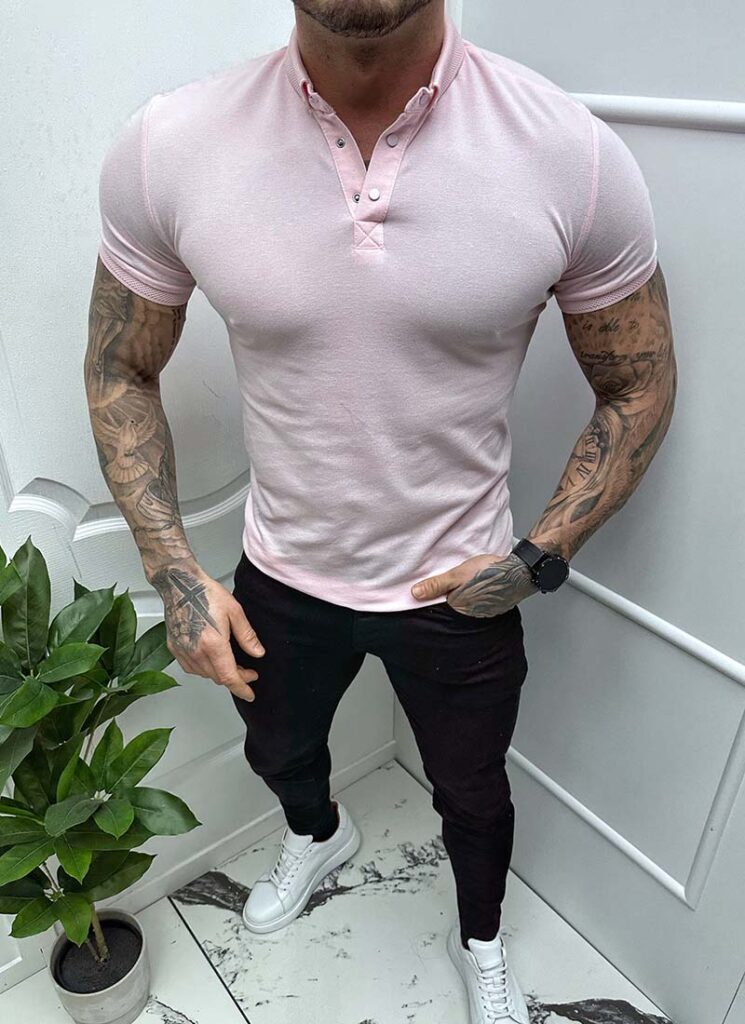 Tricou barbati roz cu guler