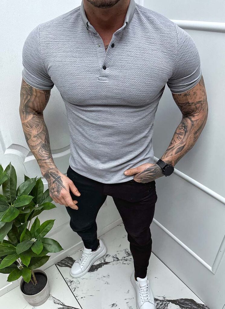 Tricou barbati gri cu guler