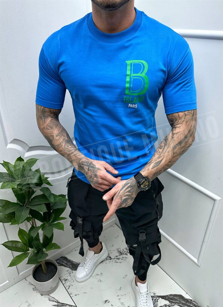 Tricou barbatesc albastru cu imprimeu verde