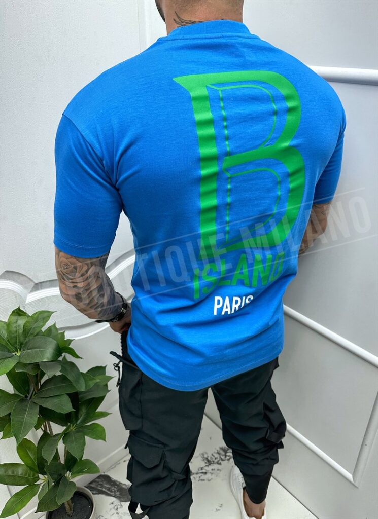 Tricou barbatesc albastru cu imprimeu verde