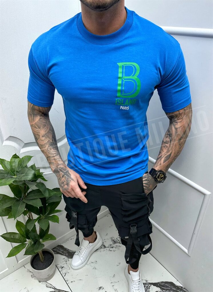 Tricou barbatesc albastru cu imprimeu verde