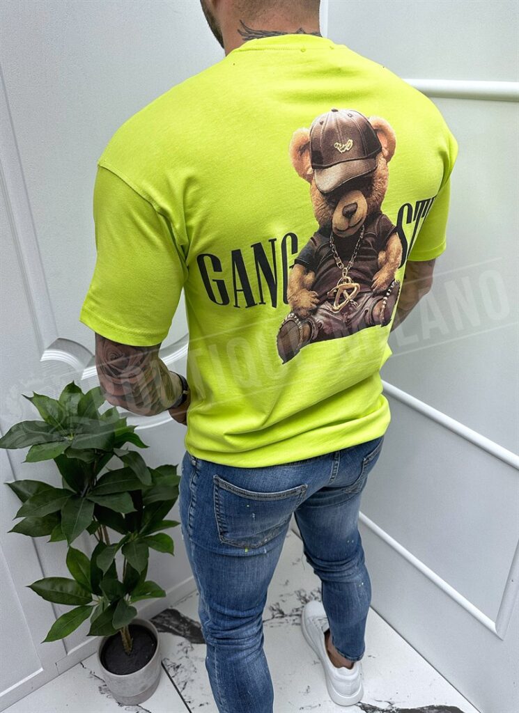 Tricou barbatesc verde electric cu imprimeu