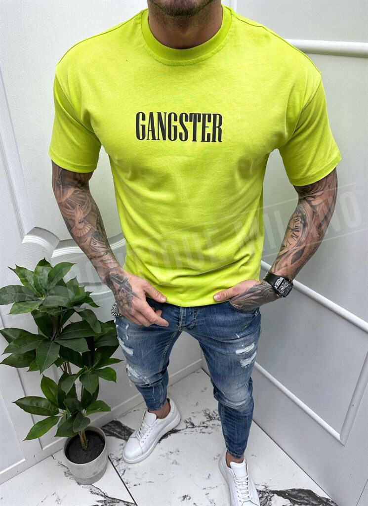 Tricou barbatesc verde electric cu imprimeu