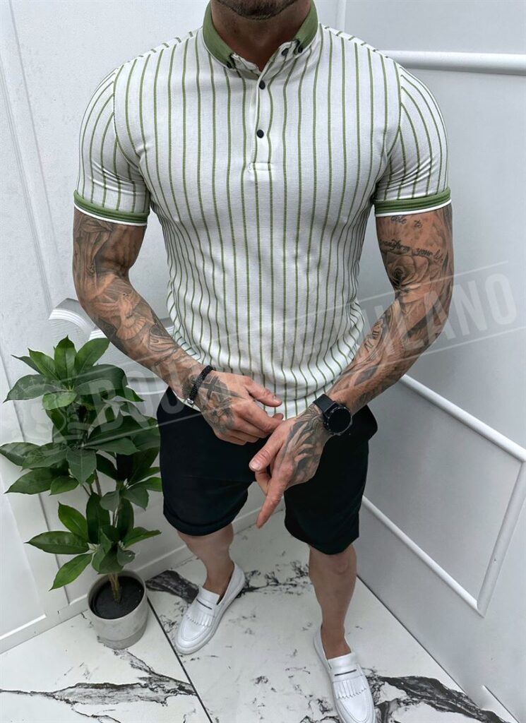 Tricou pentru barbati alb cu dungi verdi