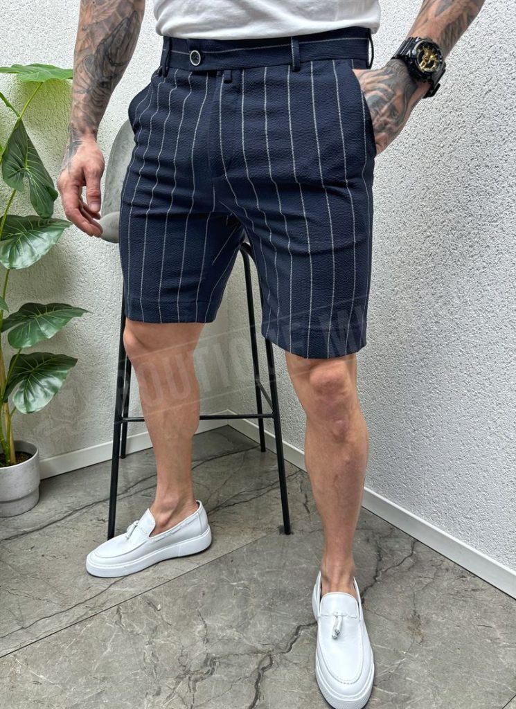 Pantaloni barbati scurti albastri cu dungi albi KP2198-133