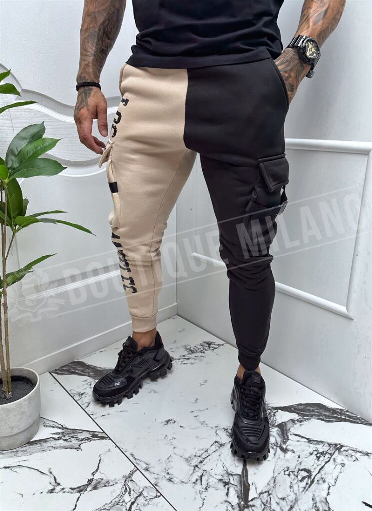 Pantaloni barbatesti casual sport negri cu bej