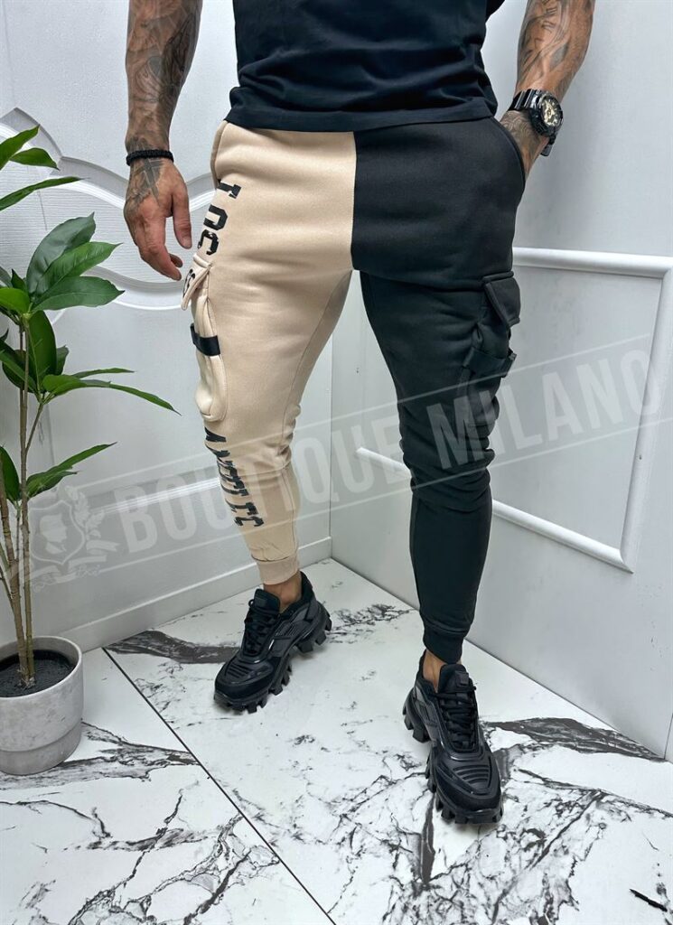 Pantaloni barbatesti casual sport negri cu bej
