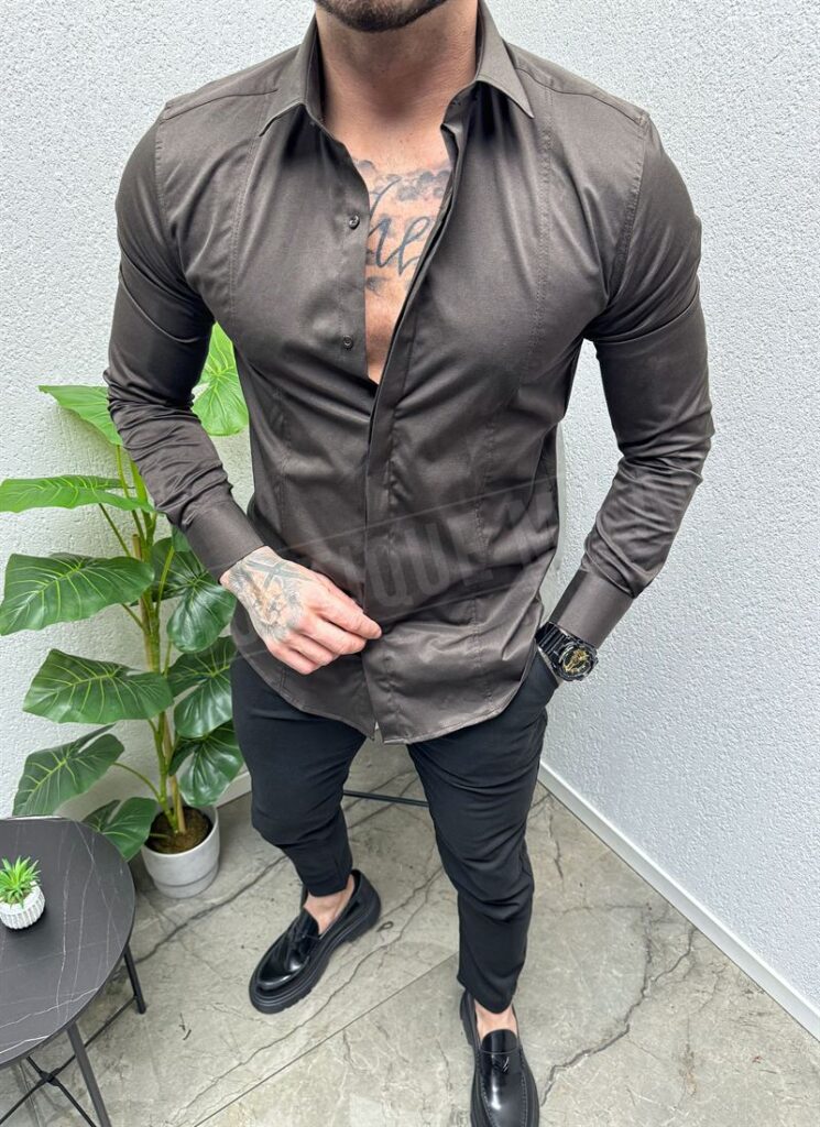 Camașa barbateasca elegantă maro inchis