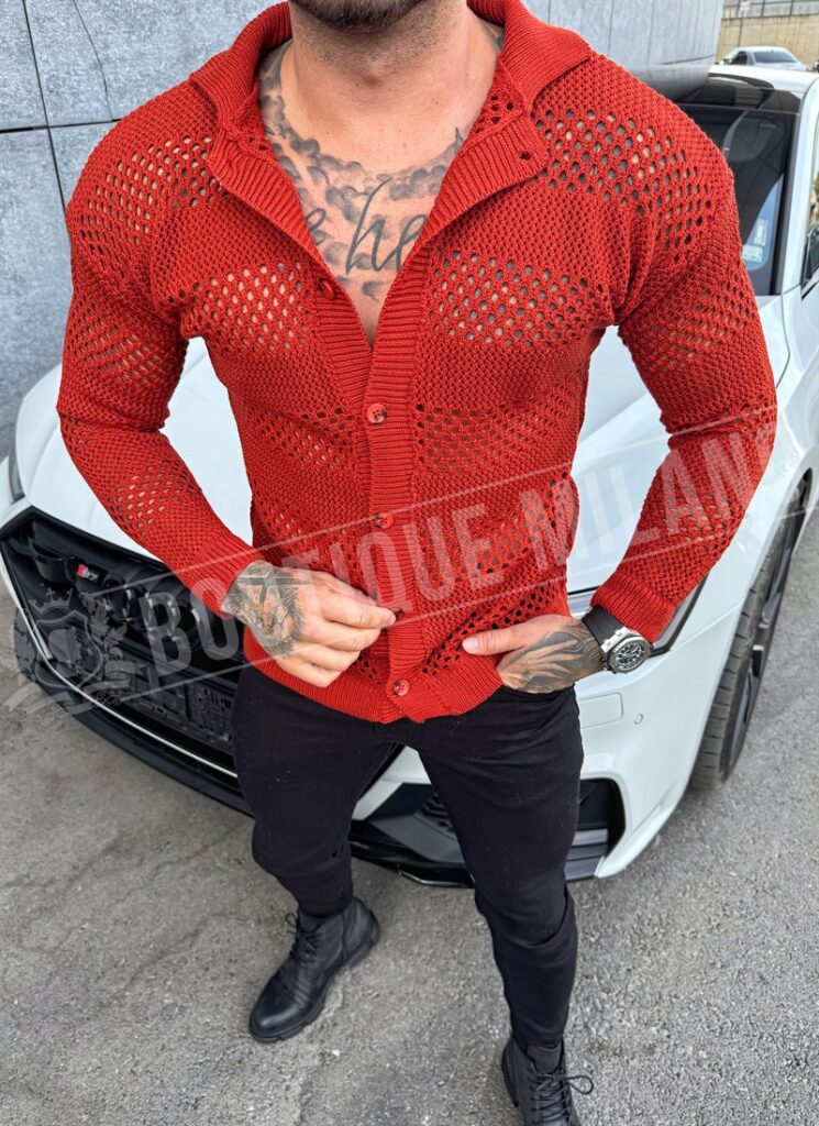 Bluza barbateasca culoare caramida tricotata cu nasturi B048-3