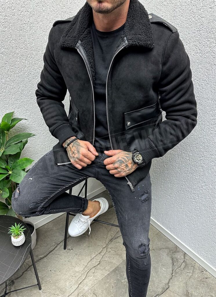 Geaca barbateasca scurta imblanita neagra din plus K1046