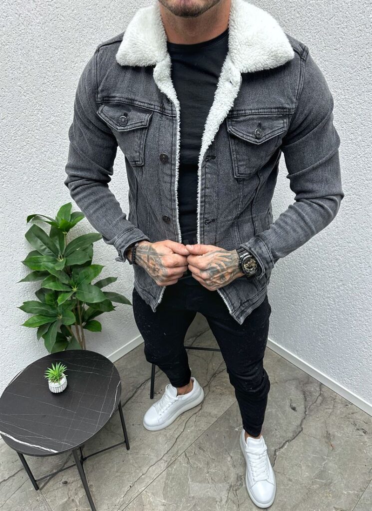 Geaca denim gri deschis imblanita cu guler imblanit D16106