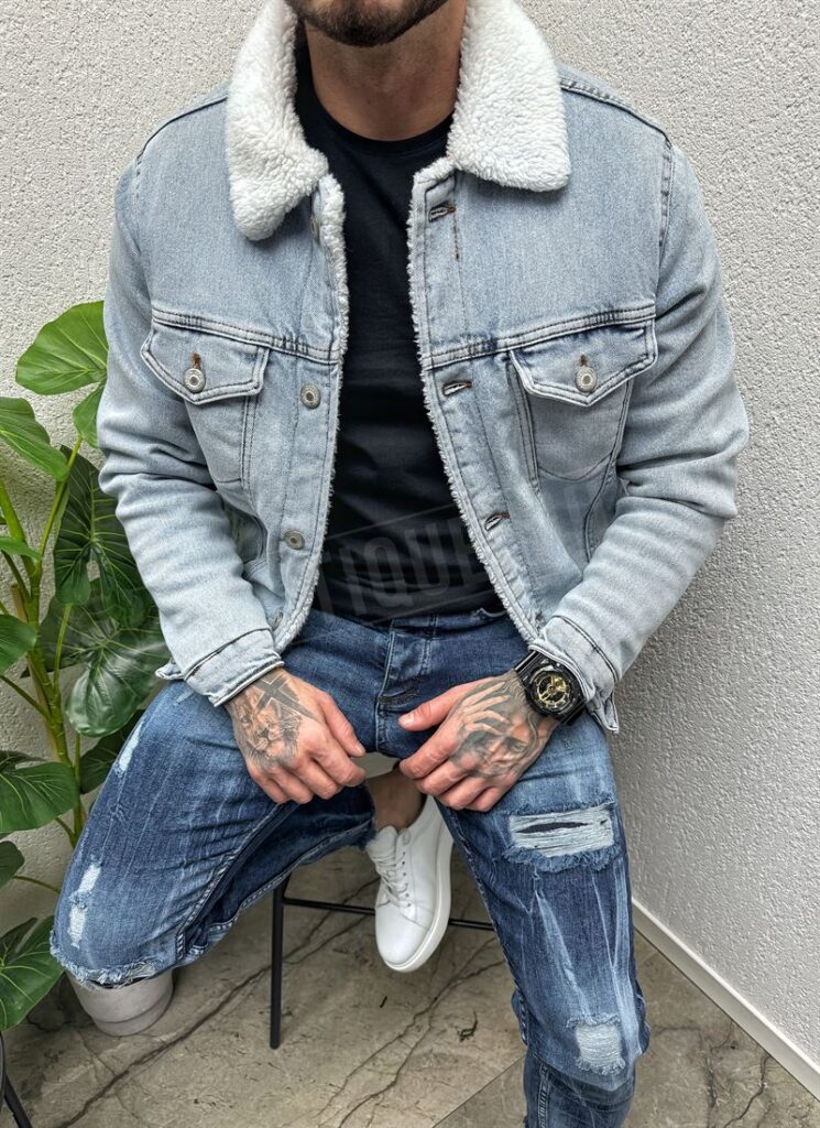 Geaca denim deschis imblanita cu guler imblanit D17276