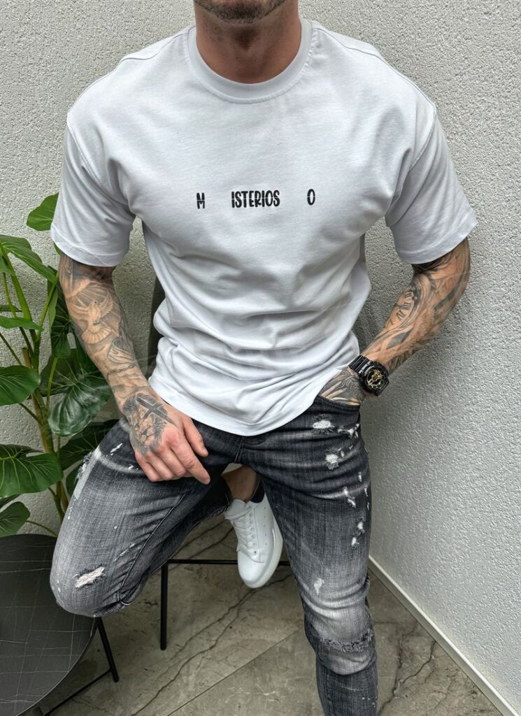Tricou barbatesc alb cu inscriere MISTERIOSO T014-2