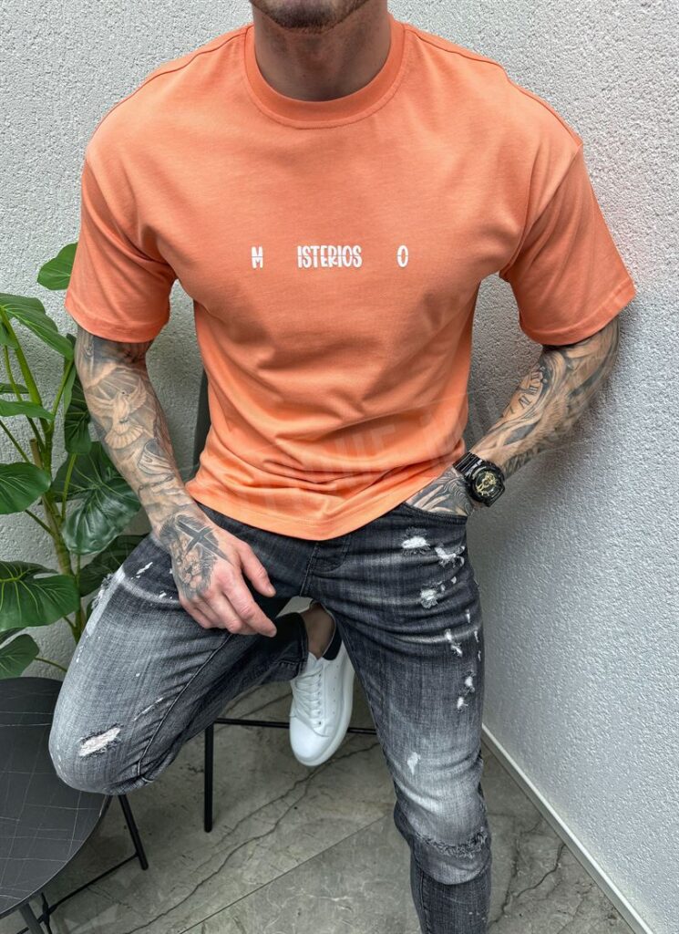 Tricou barbatesc coral cu inscriere MISTERIOSO T014-5