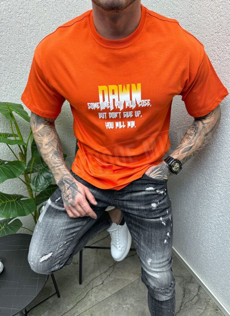 Tricou barbatesc portocaliu cu inscriere DAWN T004-4