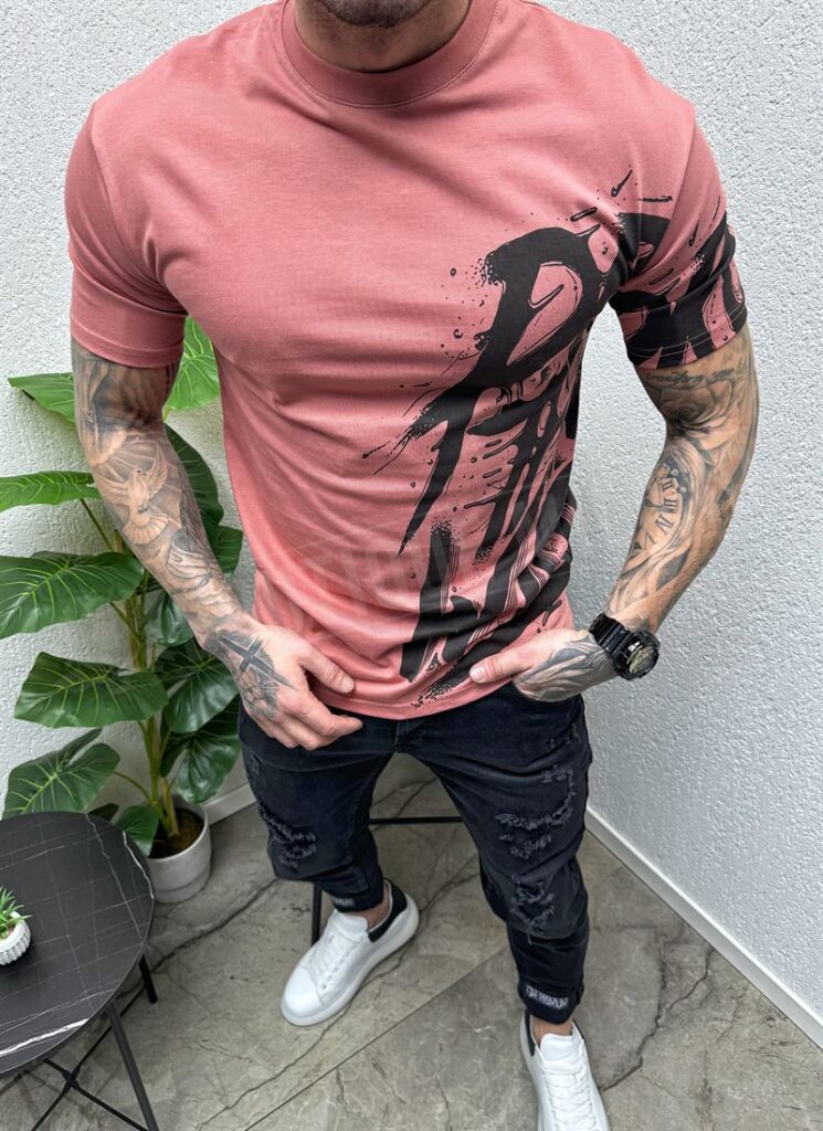 Tricou barbatesc culoare coral cu imprimeuri T97-6