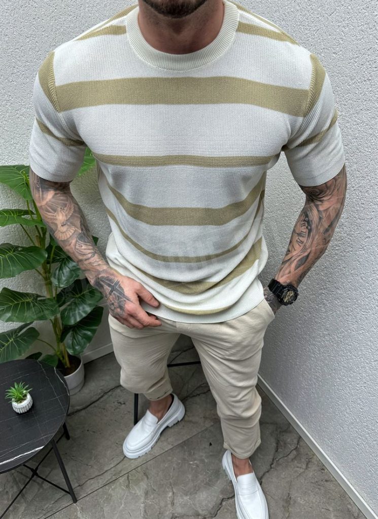 Tricou barbatesc alb cu dungi bej T2040-4