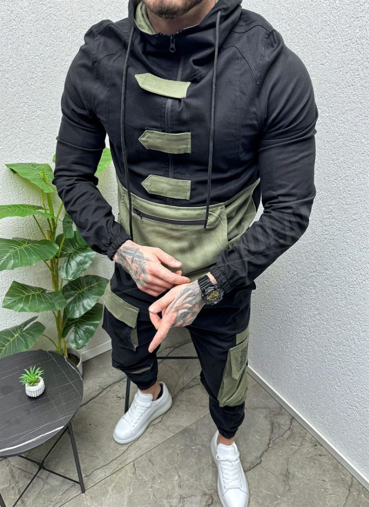 Compleu barbati verde si negru cu gluga