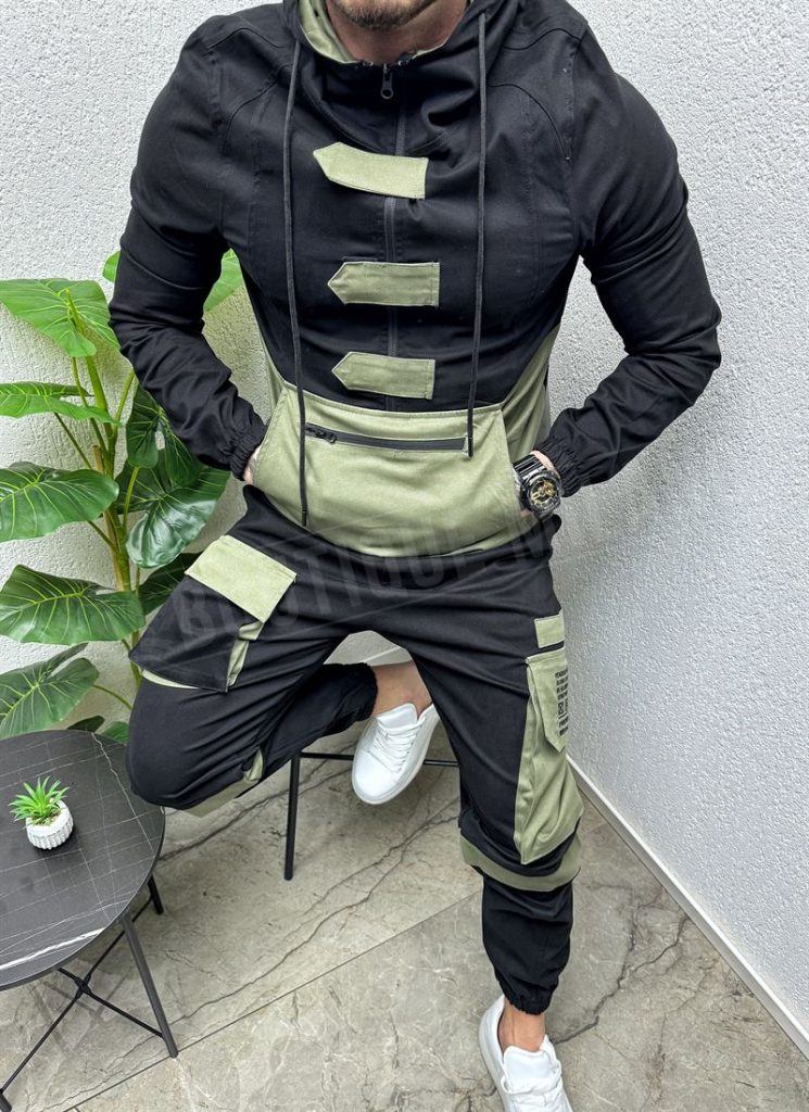 Compleu barbati verde si negru cu gluga