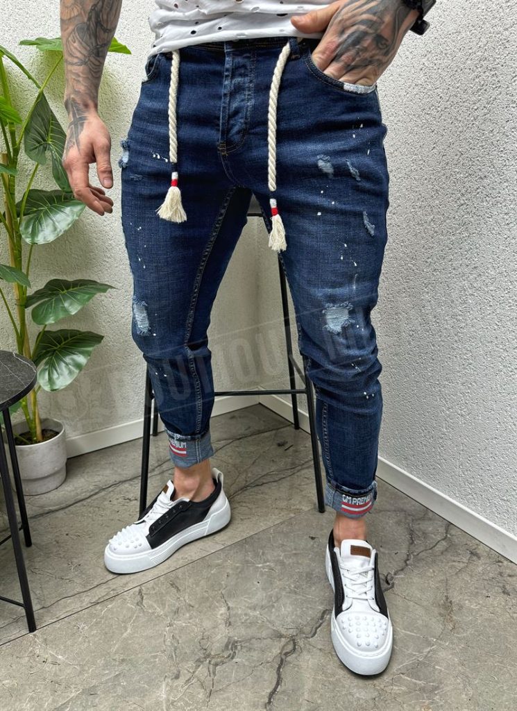 Blugi barbatesti albastri cu efect stropit si accesoriu A4840