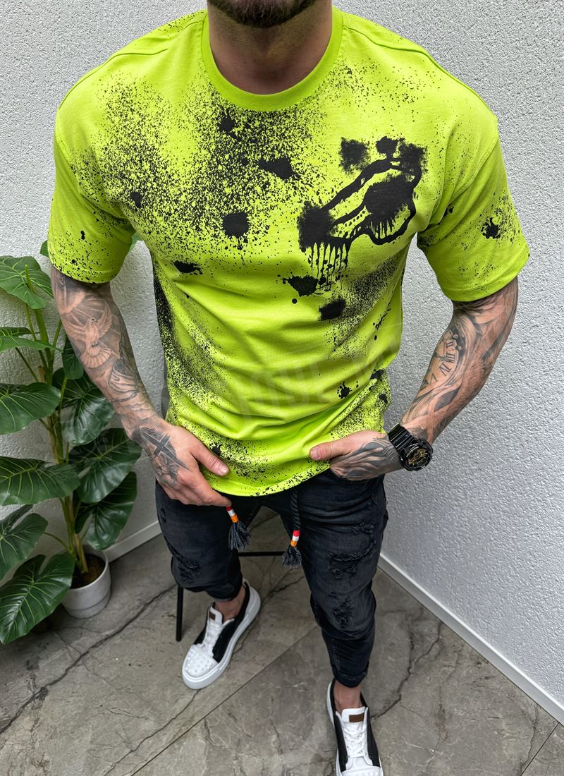 myjka-teniska-v-neonovo-zeleno-s-pryski-t0038-3-1 Tricou barbatesc verde neon cu efect stropit T0038-3
