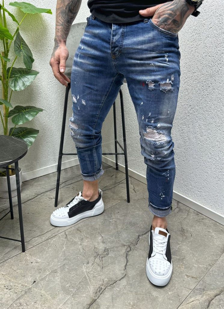 Blugi barbatesti albastri cu efect stropit A7135