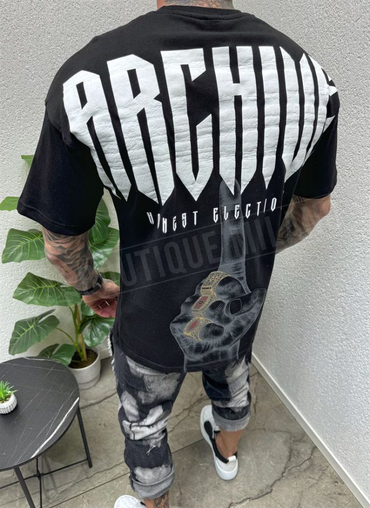 Tricou barbatesc negru cu inscriere ARCHIVE T157-1