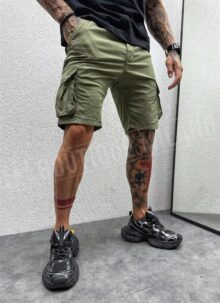 Pantaloni barbatesti scurti verde cu cargo buzunare KP07-3