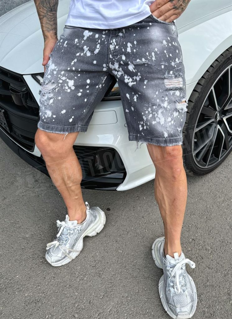Blugi pentru barbati gri scurti cu efect stropit