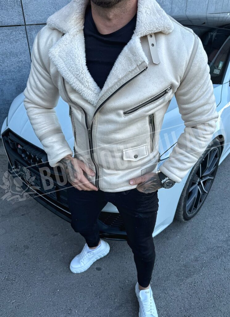 Geaca barbateasca bej din nabuc cu fermoar lateral K99619-2