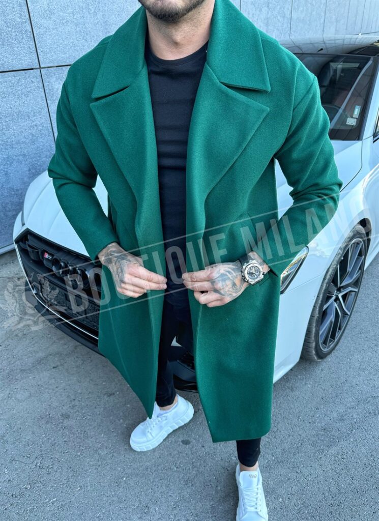 Palton barbatesc lung verde cu guler clasic PL1049-4