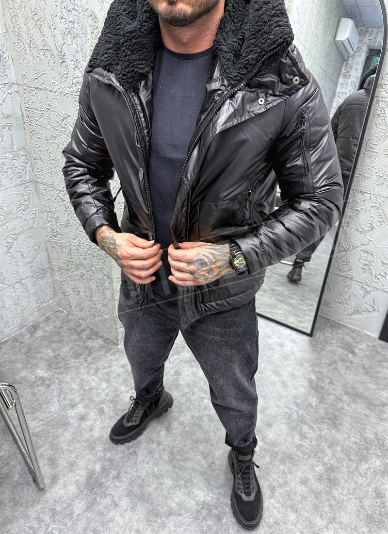 Geaca barbateasca scurta lucioasa neagra cu nasturi K3200-1