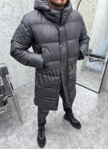 Geaca barbateasca neagra lunga cu gluga detasabila K10020