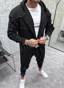 Cardigan tricotat lung negru cu glugă J2785