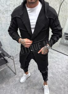 Cardigan tricotat lung negru cu glugă J2785