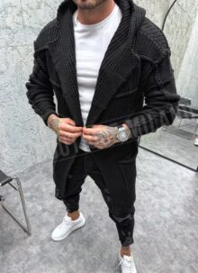Cardigan tricotat lung negru cu glugă J2785