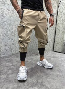 Pantaloni barbatesti casual sport bej cu imprimeu C077-2