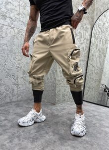 Pantaloni barbatesti casual sport bej cu imprimeu C077-2