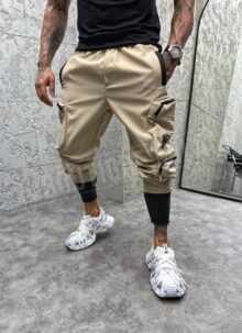Pantaloni barbatesti casual sport bej cu imprimeu C077-2