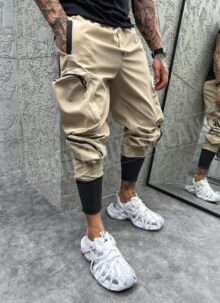 Pantaloni barbatesti casual sport bej cu imprimeu C077-2