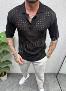 Tricou barbatesc negru tricotat cu guler T404-1