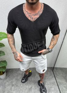 Tricou barbatesc negru cu decolteu in V T2666-1